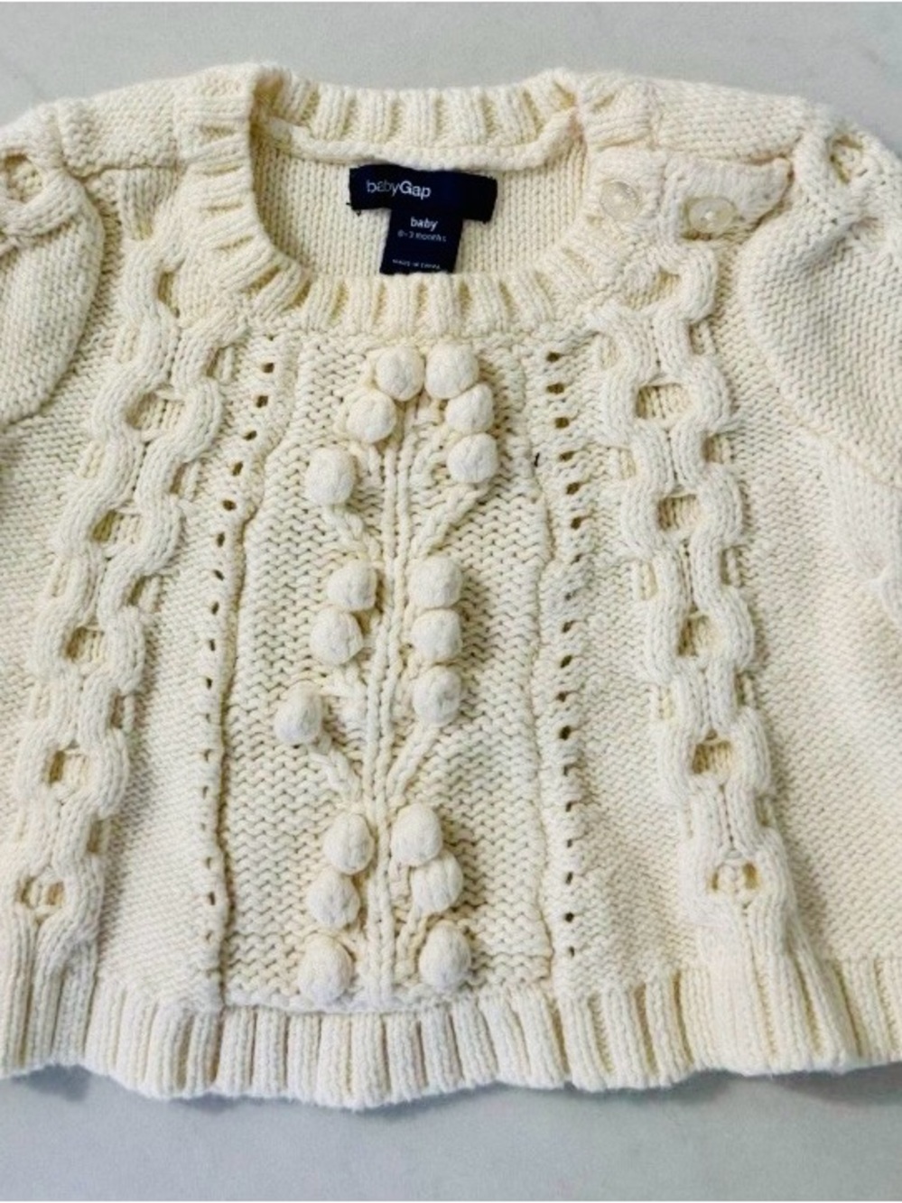 Baby Gap Cable Knit Pointelle 100% Cotton Off White Fisherman Sweater 0-3 Months